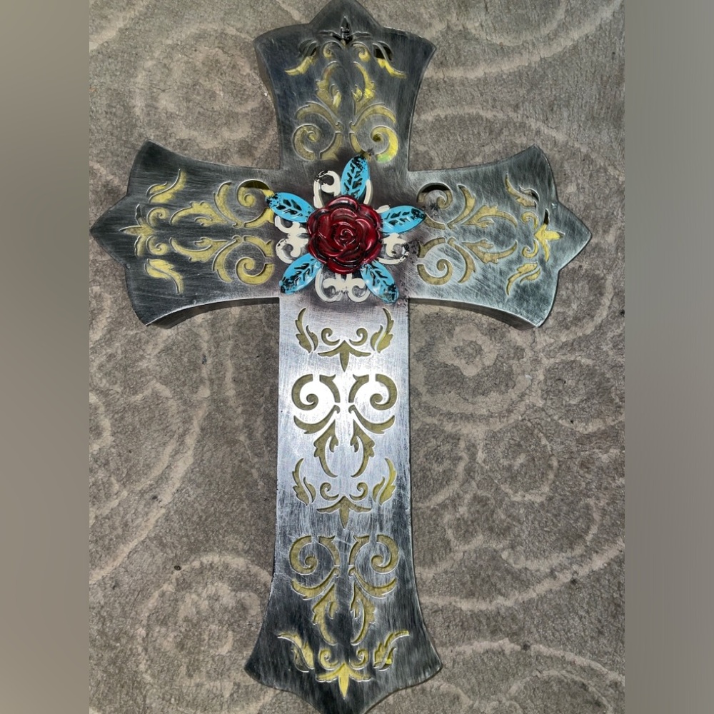 Decorative Cross with Red Rose and Blue Accents
